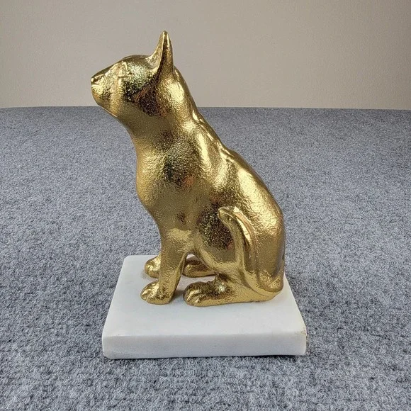 Vintage 6" Gold Textured Cat Figurine Statue on White Marble Base Bookend Decor - Picture 10 of 16